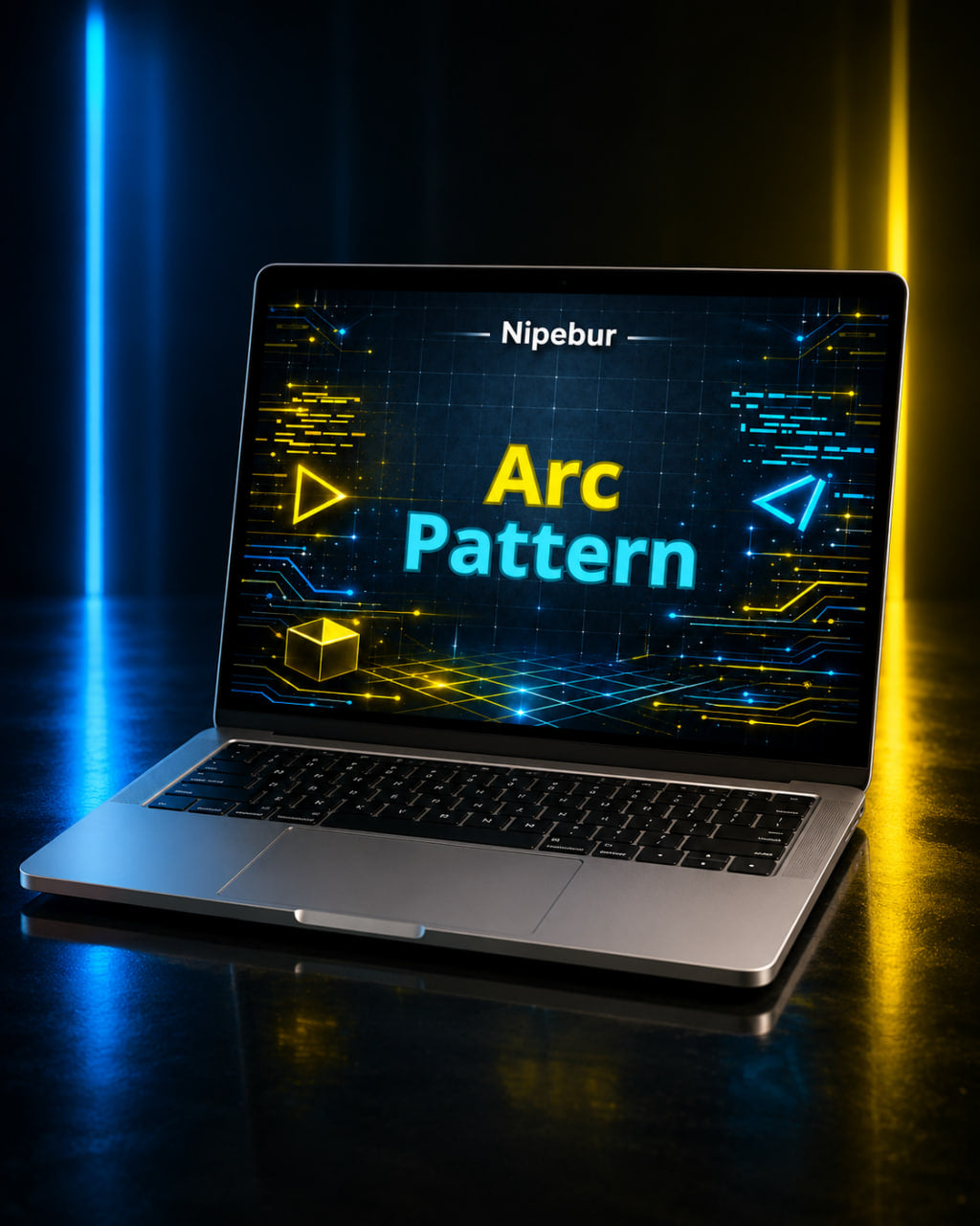 Laptop displaying 'Arc Pattern' on a dark background with colorful lights