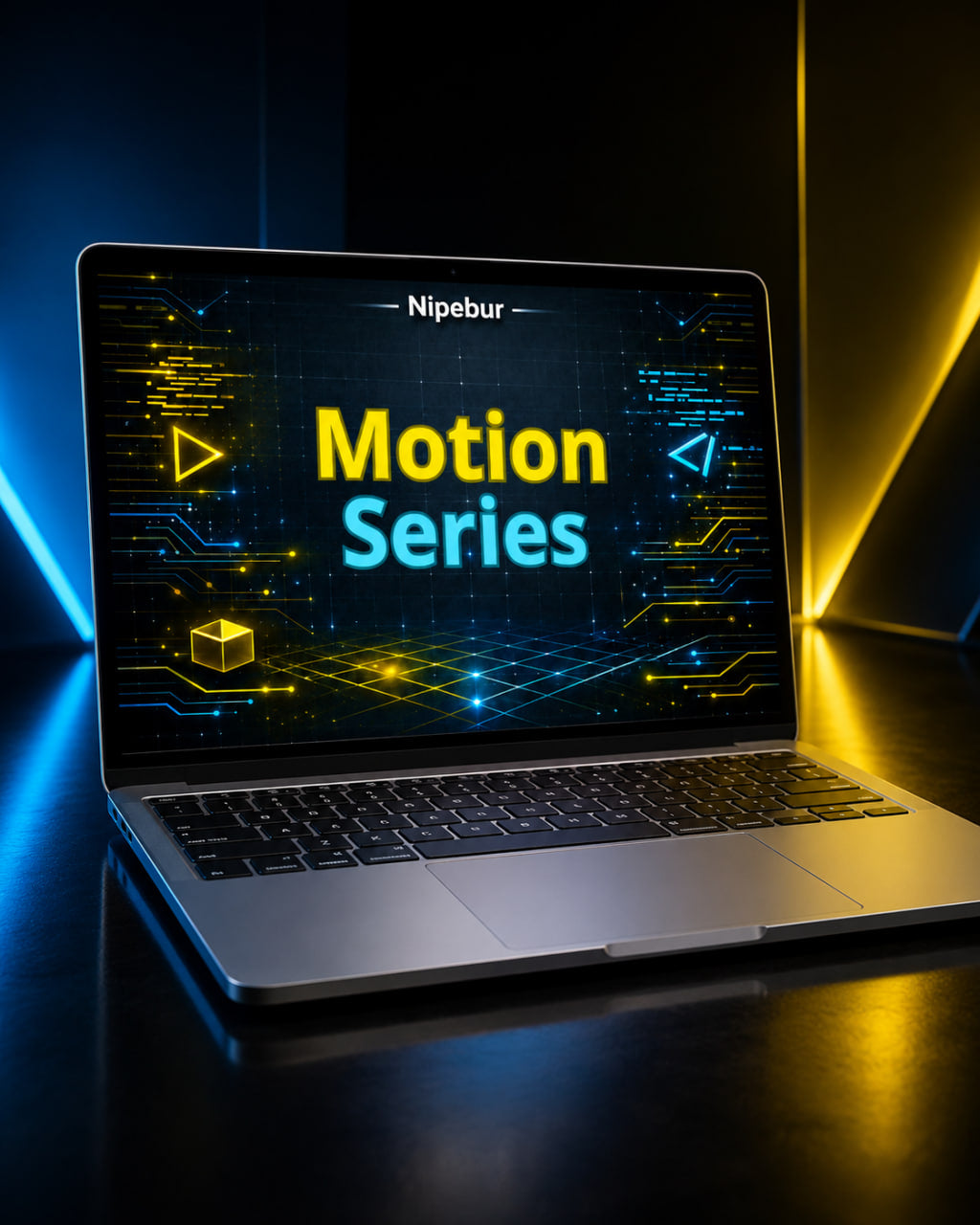 Laptop displaying 'Nipebur Motion Series' on a dark background with blue and yellow lights.