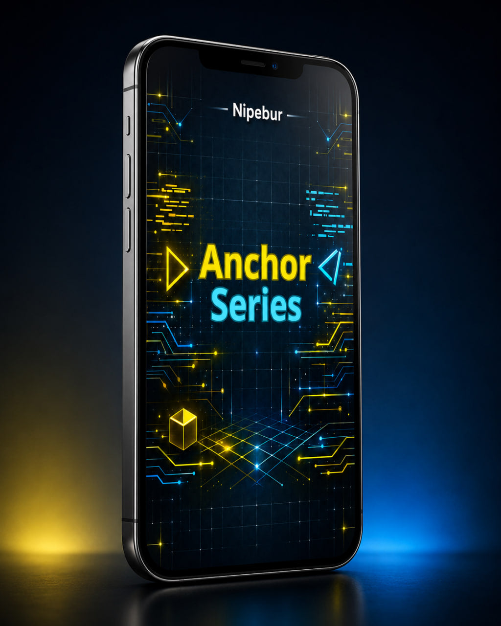 Smartphone with 'Anchor Series' on the screen against a dark background