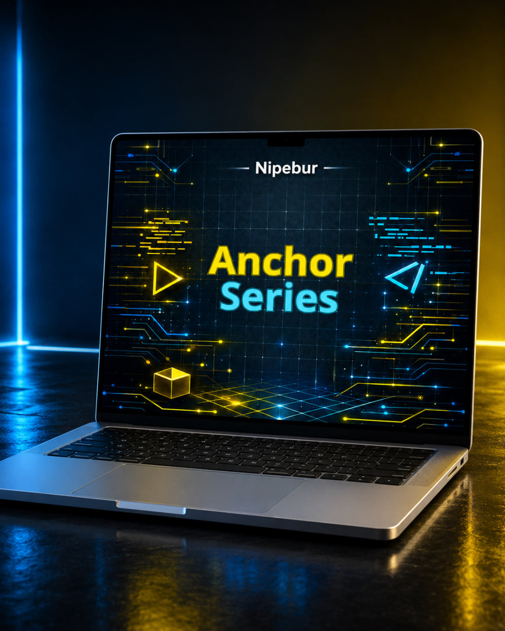 Laptop displaying 'Nipebur Anchor Series' on a dark background with blue and yellow lights.