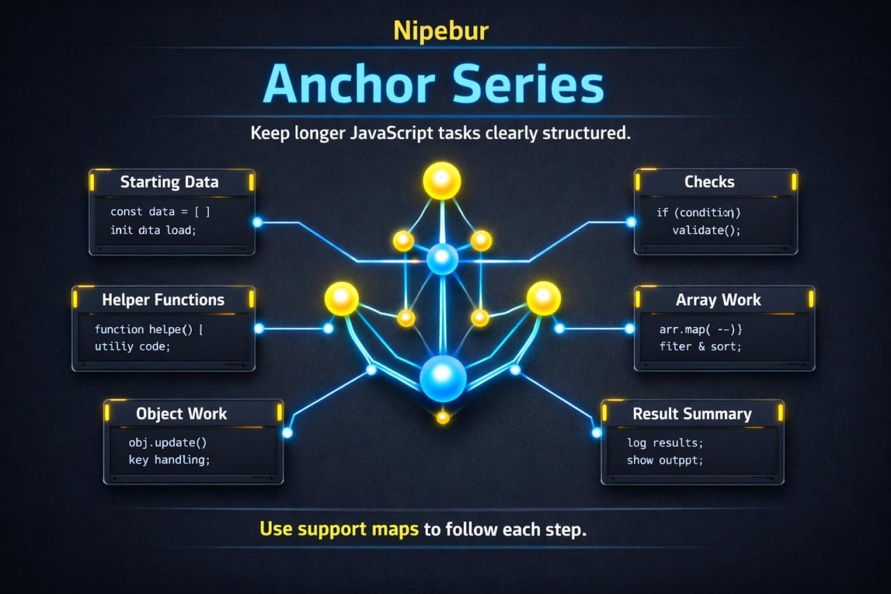 Diagram of Nipebur Anchor Series with JavaScript tasks on a dark background