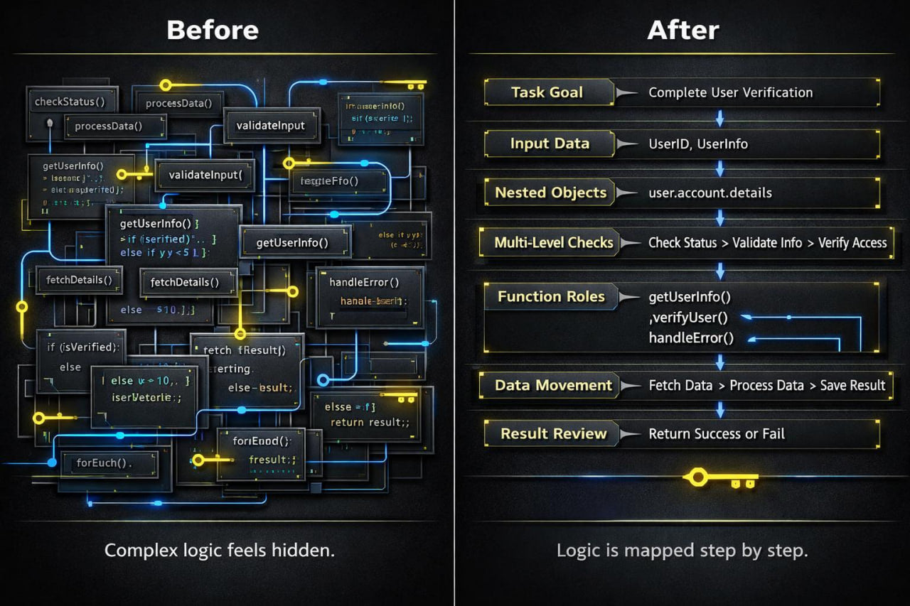 Before and after comparison of complex logic visualization with highlighted steps.