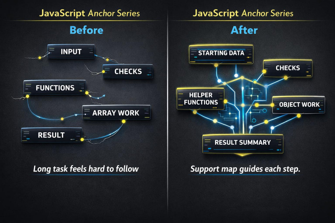 Comparison of JavaScript code structure before and after using 'Anchor Series' feature, with text indicating improvement.