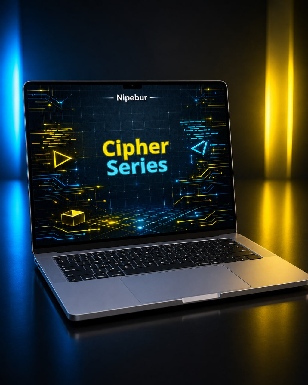 Laptop displaying 'Nipebur Cipher Series' on a dark background with blue and yellow lights.