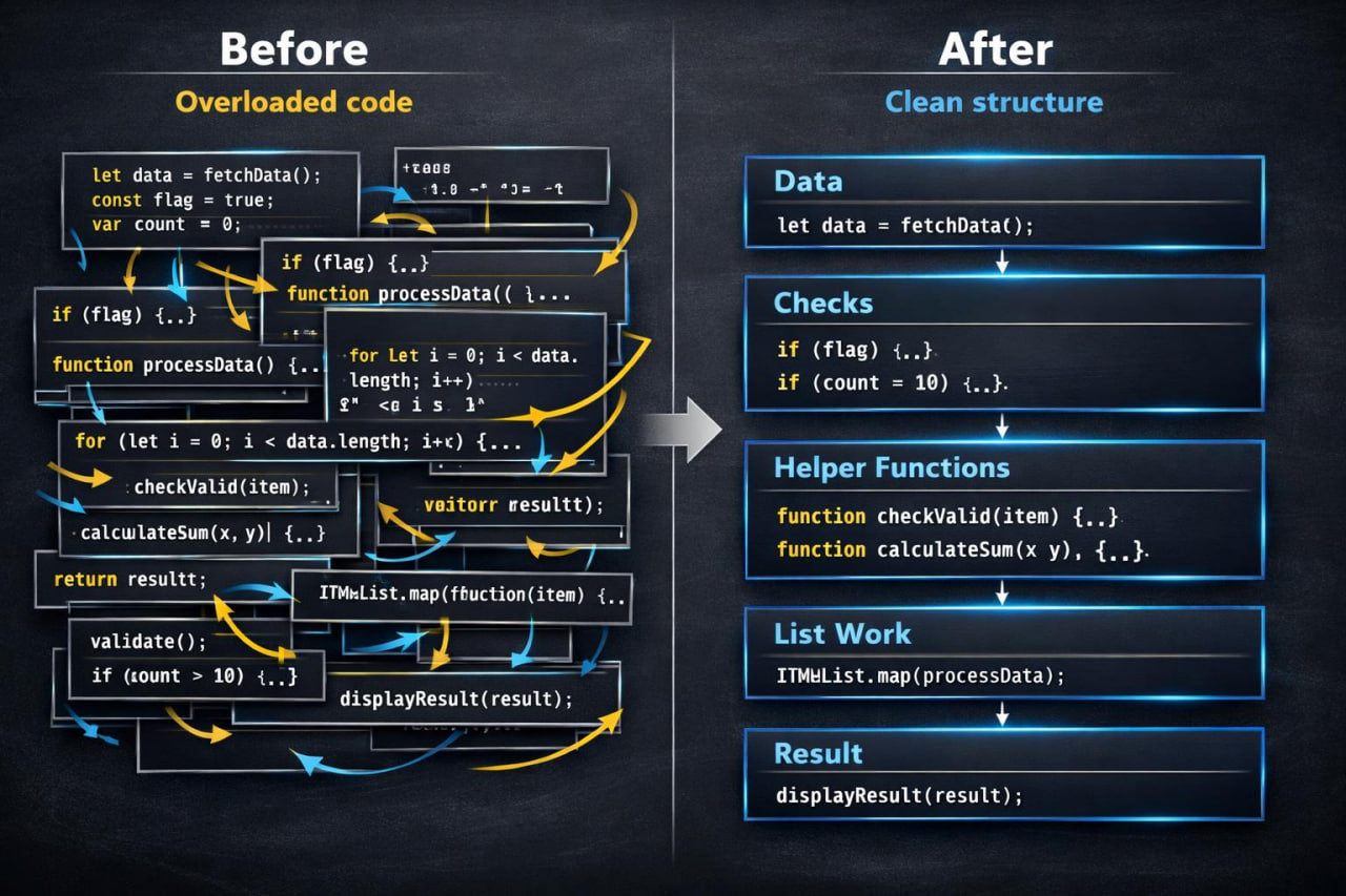 Comparison of overloaded code structure before and after cleaning on a dark background.