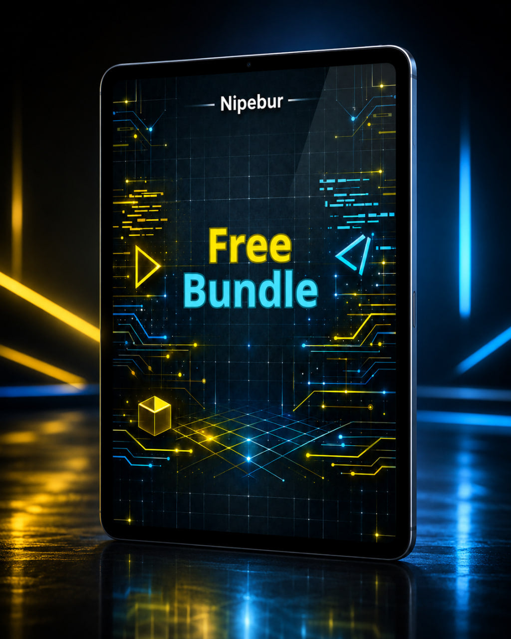 Digital tablet displaying 'Nipebur Free Bundle' with a futuristic design on a reflective surface.