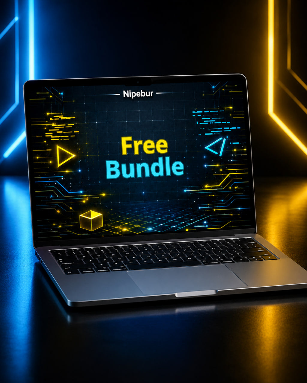 Laptop with 'Free Bundle' on screen against a dark background with neon lights