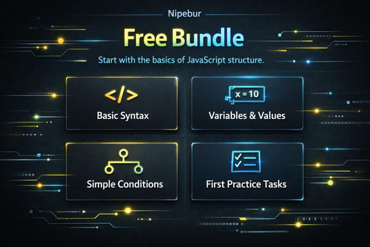 Nipebur Free Bundle promotional graphic with JavaScript learning topics on a dark background.