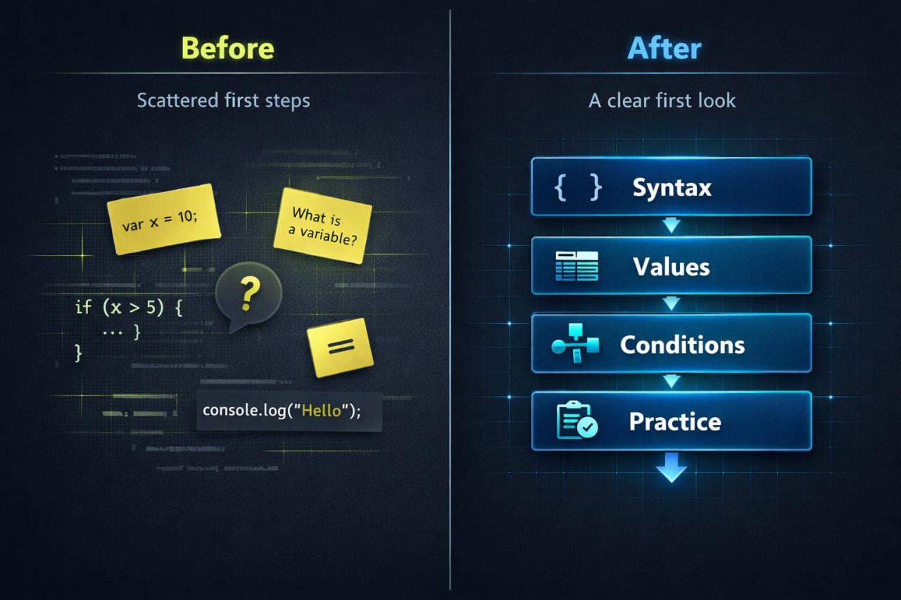 Comparison of code snippets with yellow sticky notes and text on a dark background, showing 'Before' and 'After' improvements.