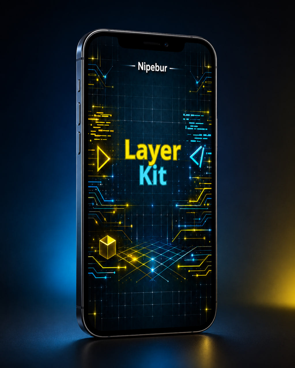 Smartphone with digital interface design on a dark background