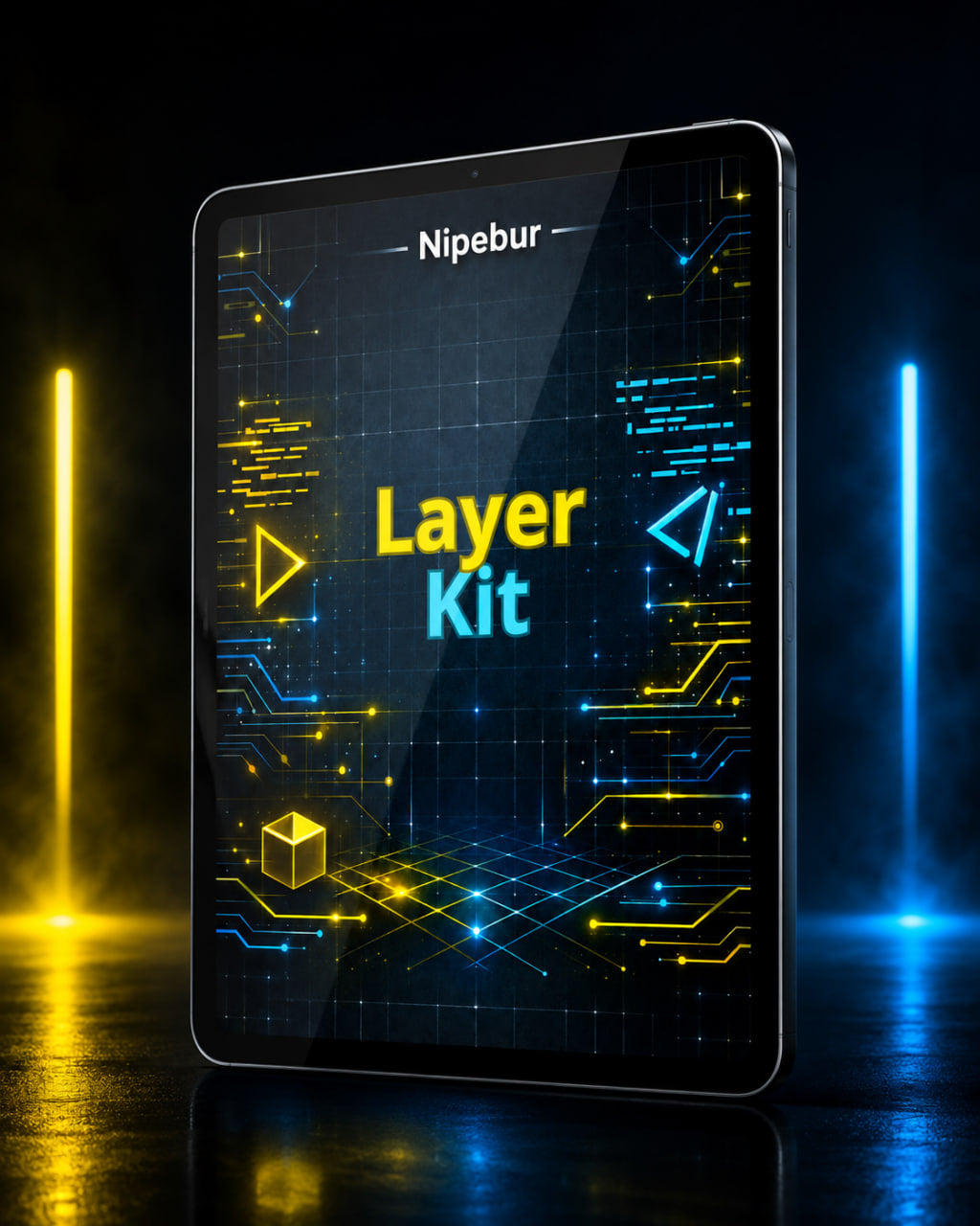 Digital tablet displaying 'Nipebur Layer Kit' with a futuristic interface on a dark background.