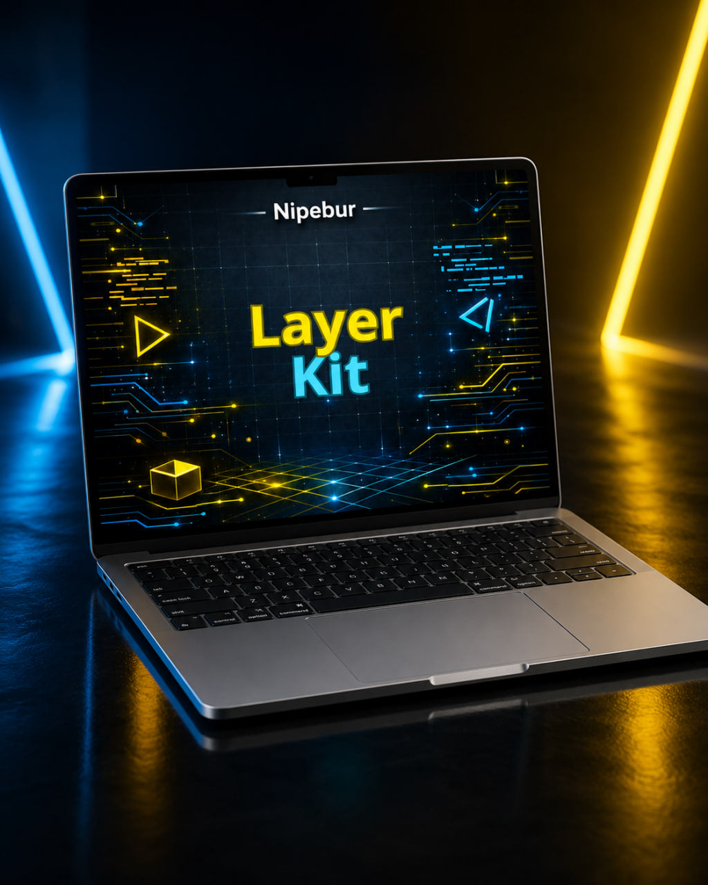 Laptop displaying 'Nipebur Layer Kit' on a dark background with neon lights.