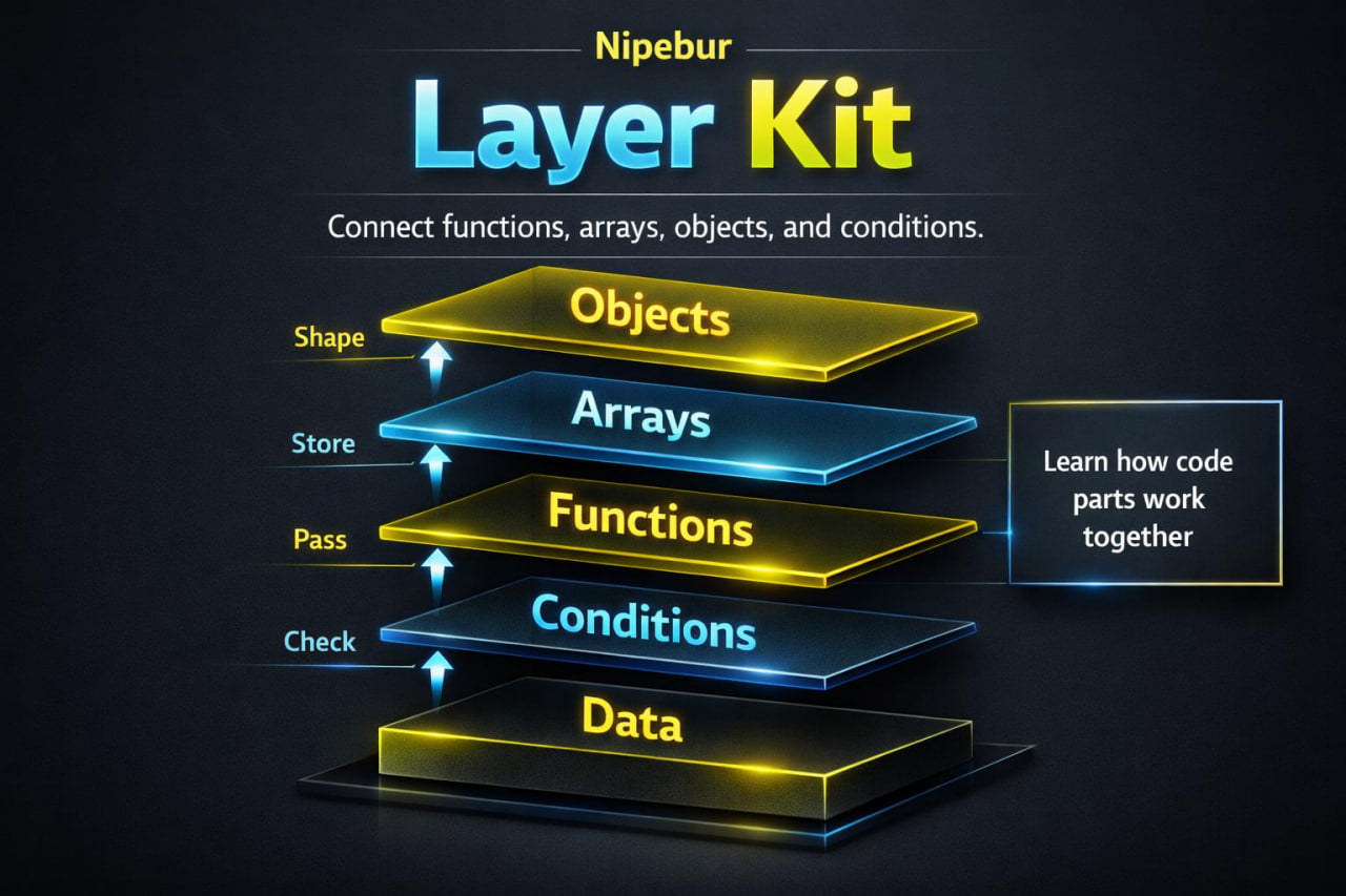 Diagram of Nipebur Layer Kit with layers labeled Objects, Arrays, Functions, Conditions, and Data on a dark background.