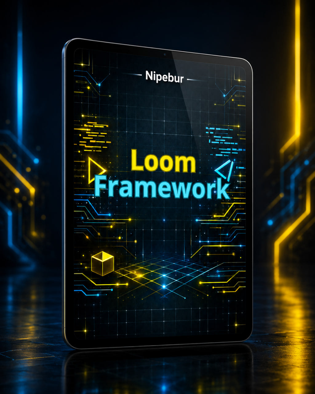Digital tablet displaying 'Loom Framework' on a futuristic background with glowing lines and text.