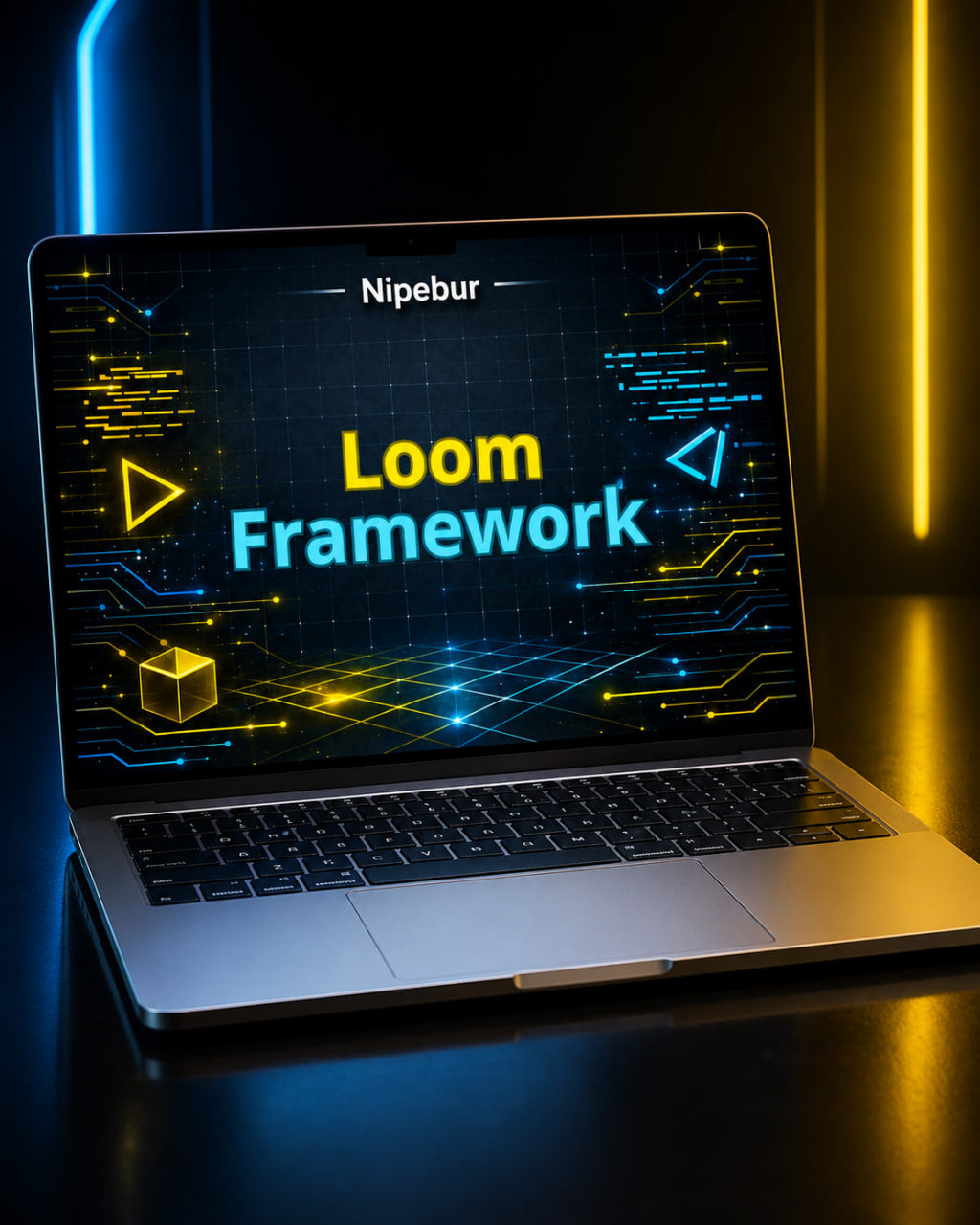 Laptop displaying 'Loom Framework' on a dark background with glowing elements