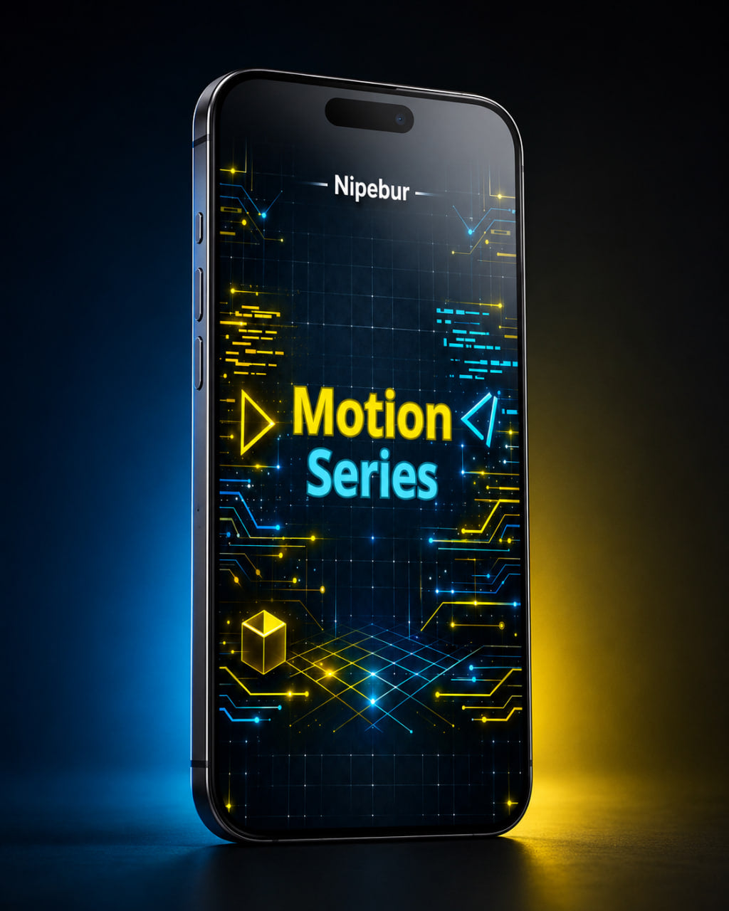 Smartphone with 'Nipebur Motion Series' display on a dark background