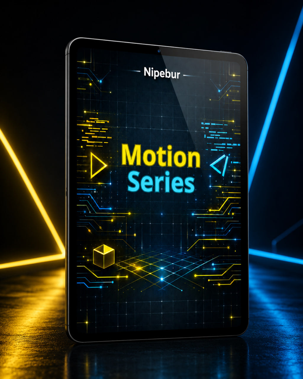 Smartphone with 'Nipebur Motion Series' display on a dark background with neon lights