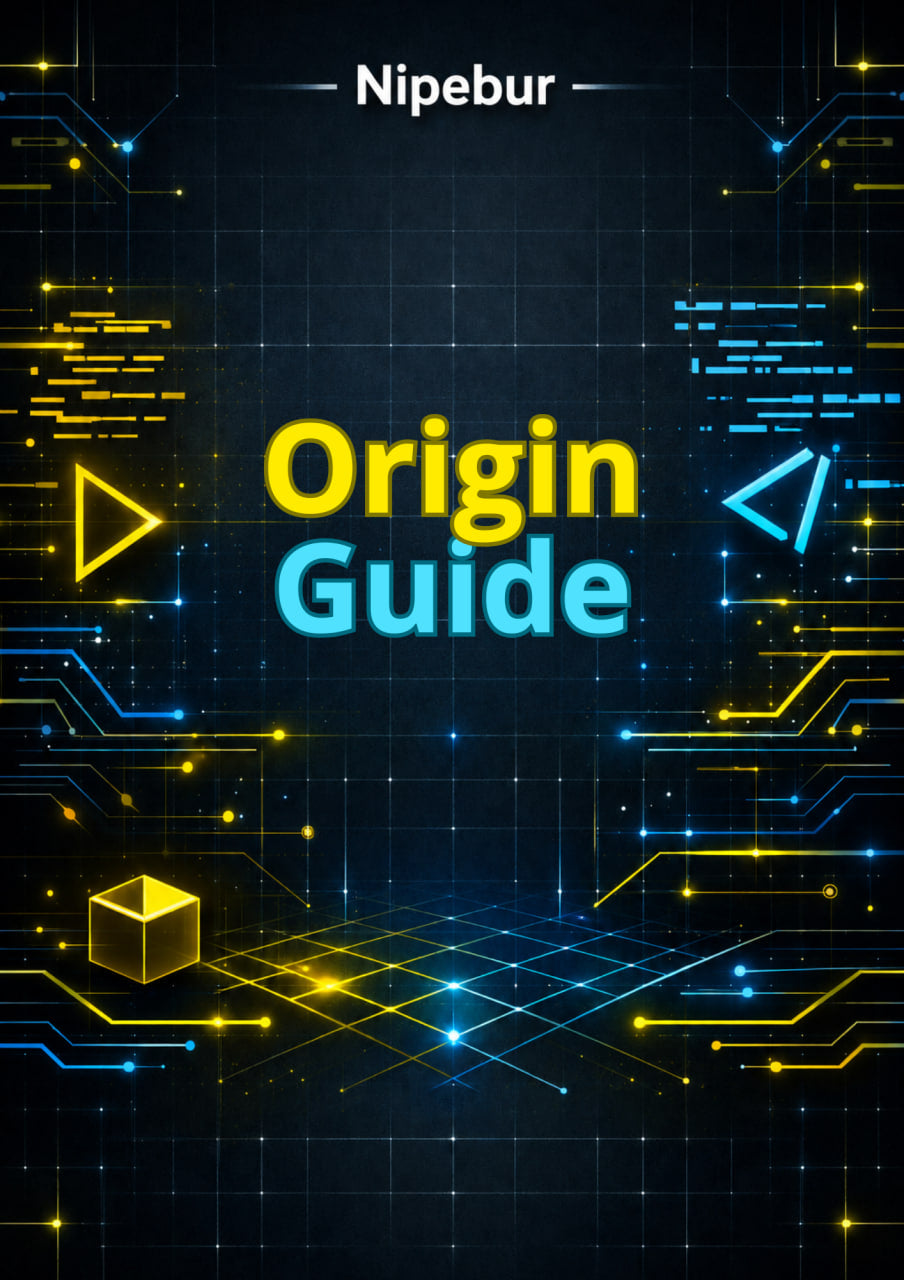 Cover of 'Origin Guide' by Nipebur with digital circuit design and glowing elements.