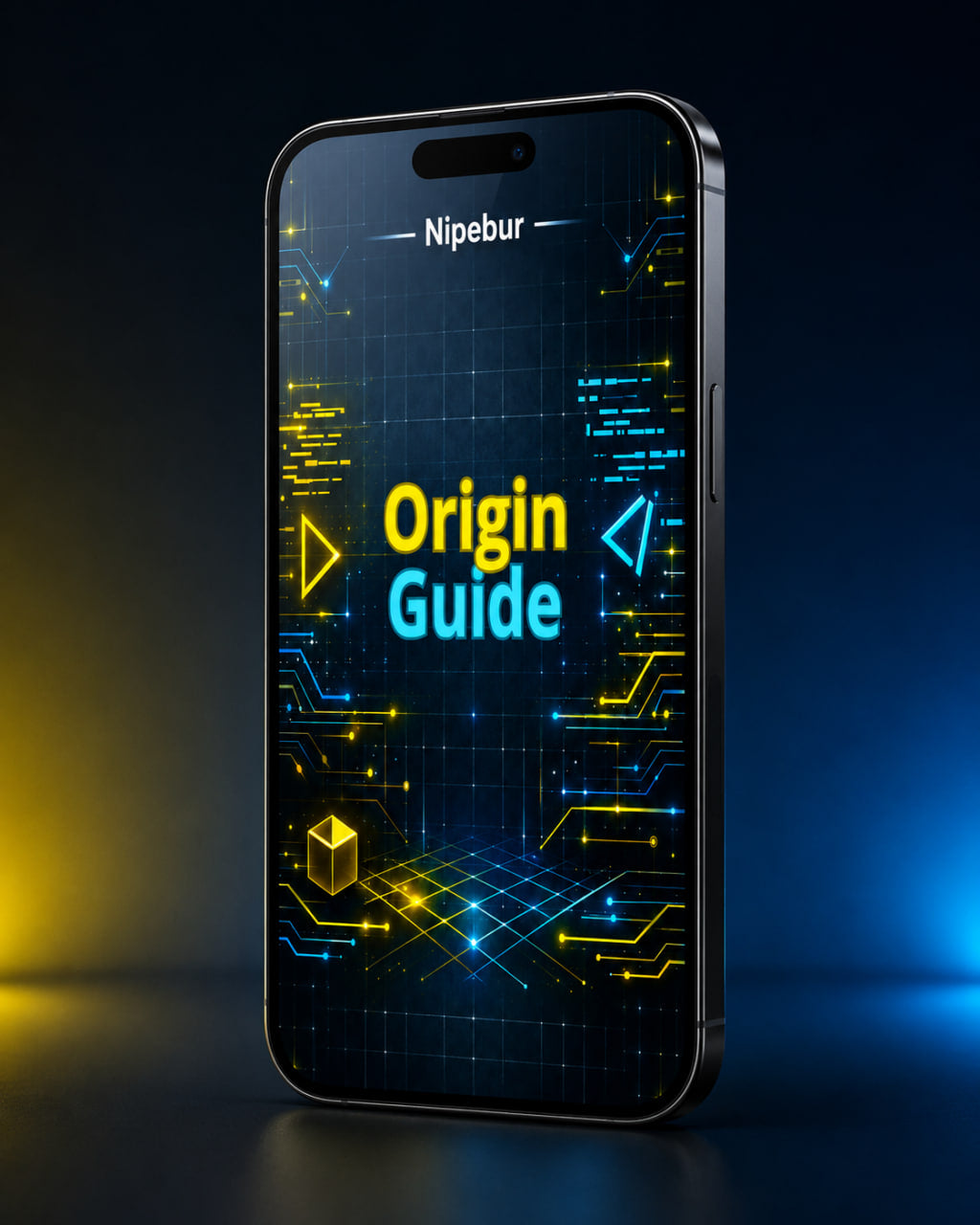 Smartphone with 'Nipebur Origin Guide' on a dark background
