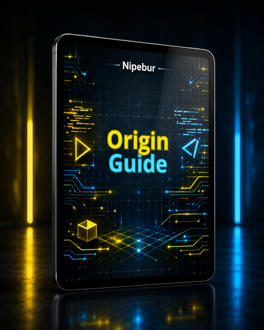 Tablet with 'Nipebur Origin Guide' on a dark background