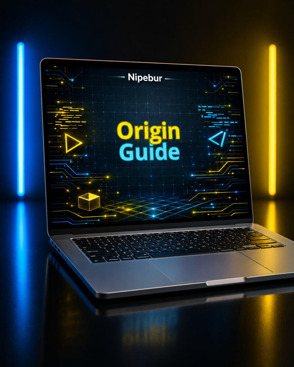 Laptop with 'Nipebur Origin Guide' on screen against a dark background with blue and yellow lights.