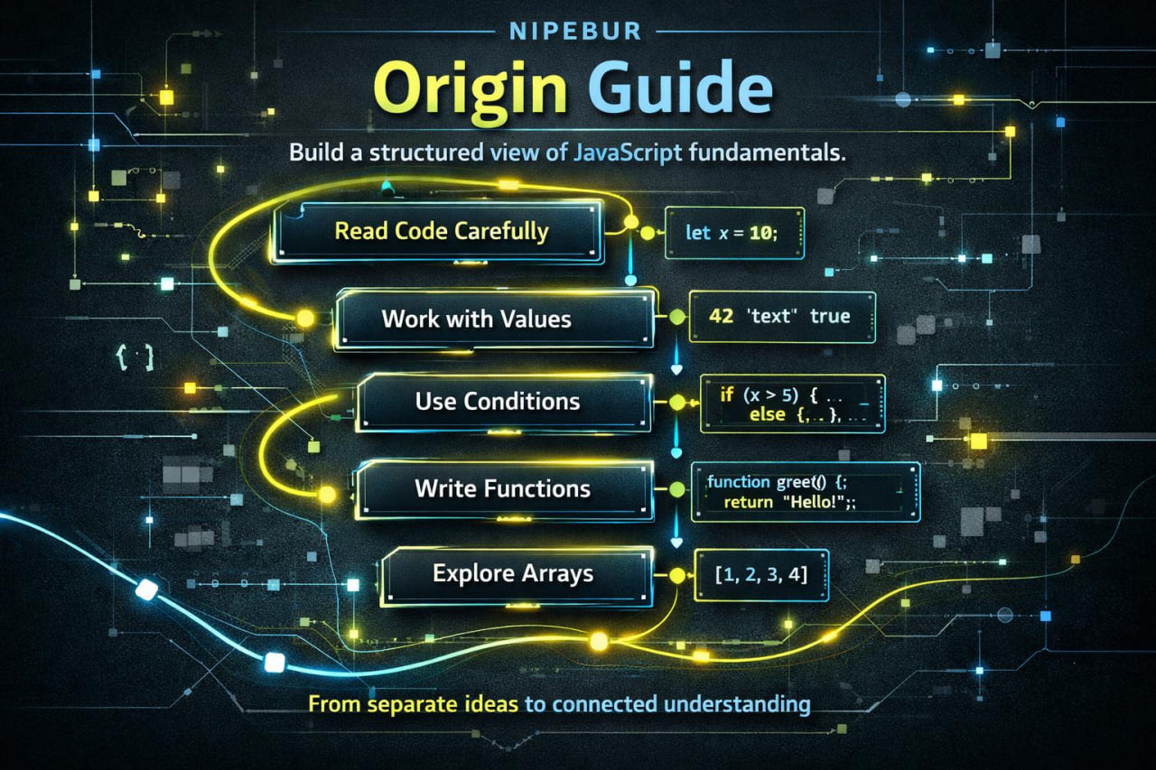 Nipebur Origin Guide for JavaScript fundamentals with code snippets on a dark background