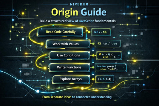 Nipebur Origin Guide for JavaScript fundamentals with code snippets on a dark background