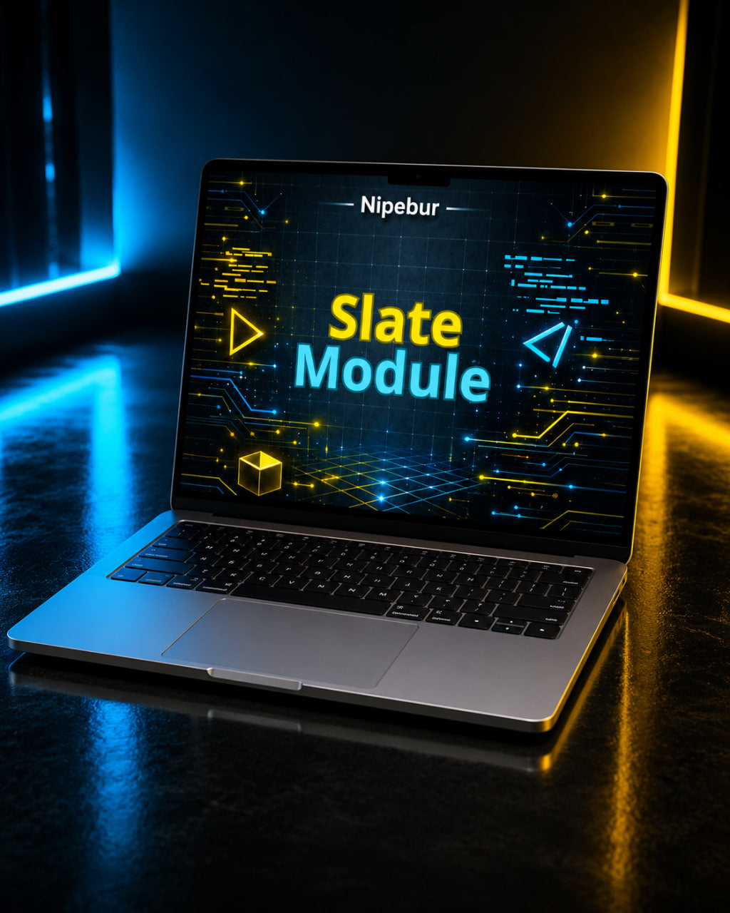 Laptop displaying 'Nipebur Slate Module' on a dark surface with blue and yellow lighting.