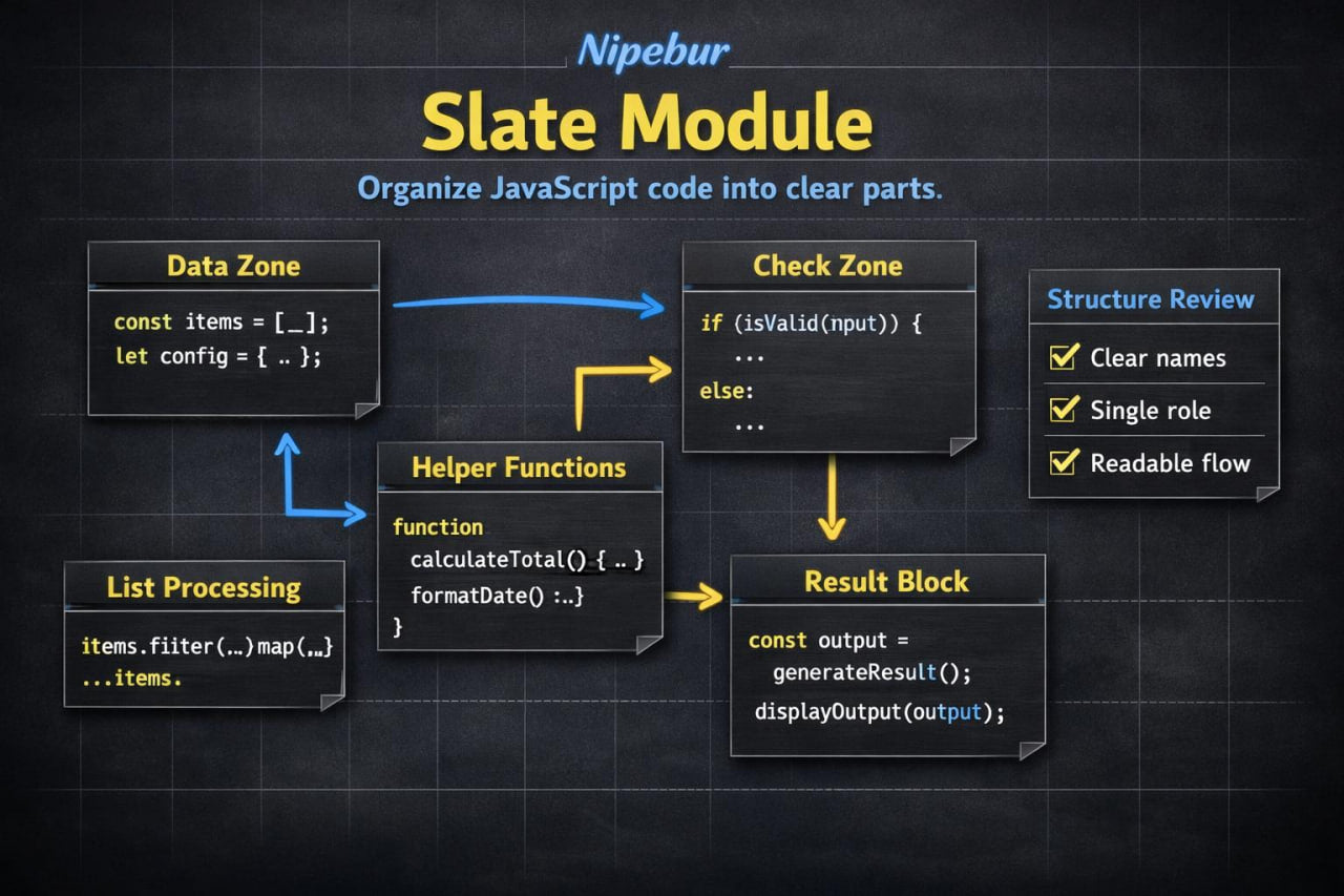 Diagram of Nipebur Slate Module organizing JavaScript code with labeled sections.