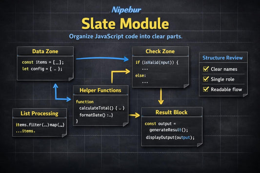 Diagram of Nipebur Slate Module organizing JavaScript code with labeled sections.