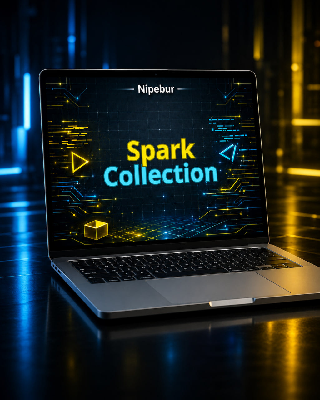Laptop displaying 'Nipebur Spark Collection' on a dark background with glowing elements