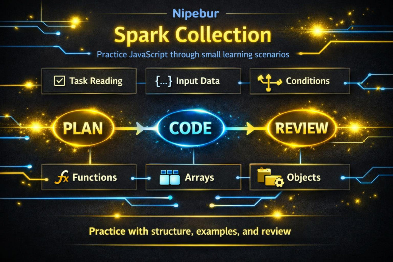Nipebur Spark Collection educational diagram with JavaScript concepts on a dark background
