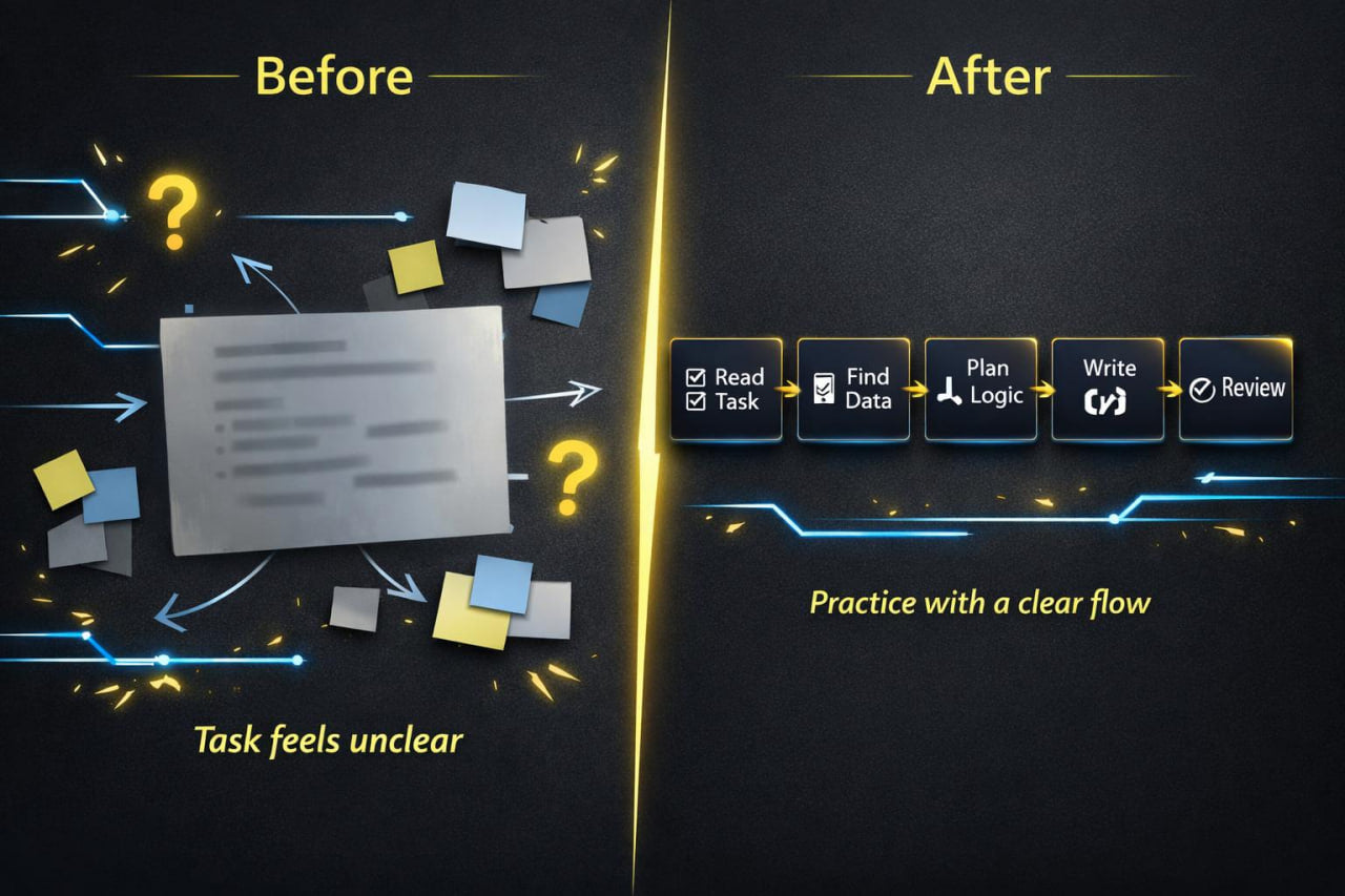 Comparison of a cluttered task description labeled 'Before' with a streamlined process flowchart labeled 'After' on a dark background.