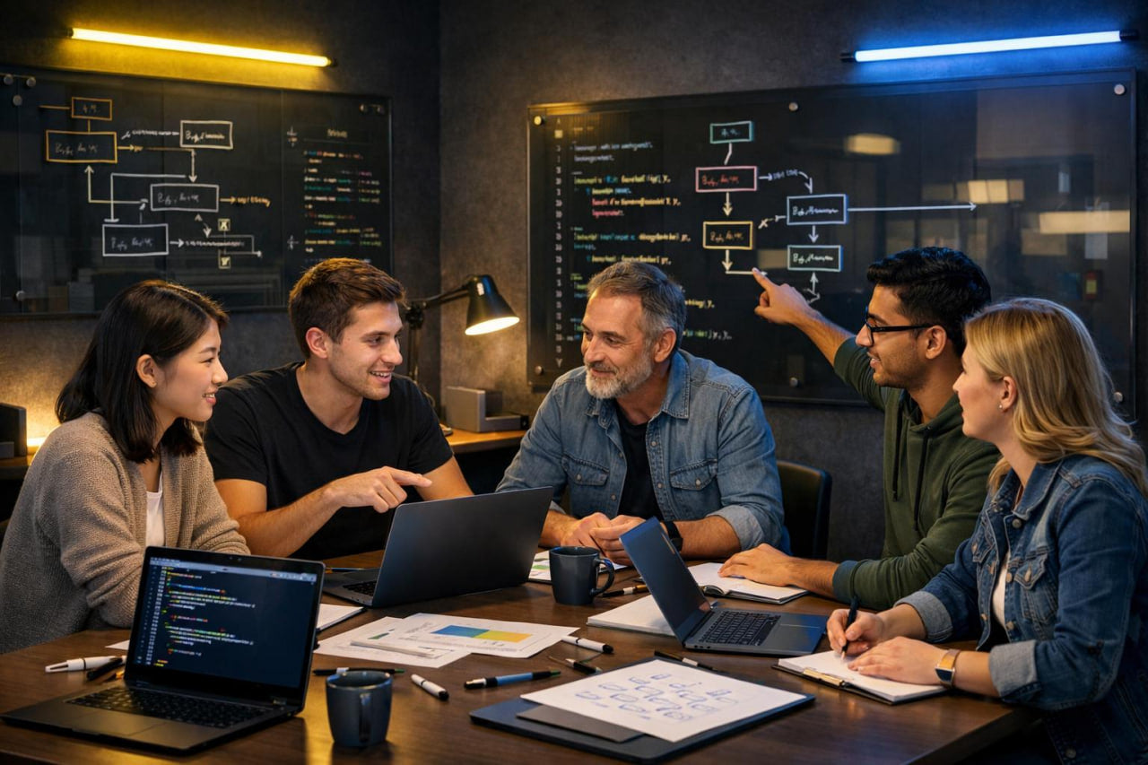 Group of people working together on a project with laptops in a dark room.