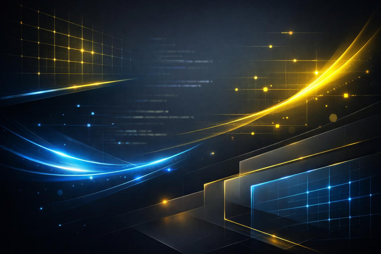 Abstract background with blue and yellow light effects on a dark background