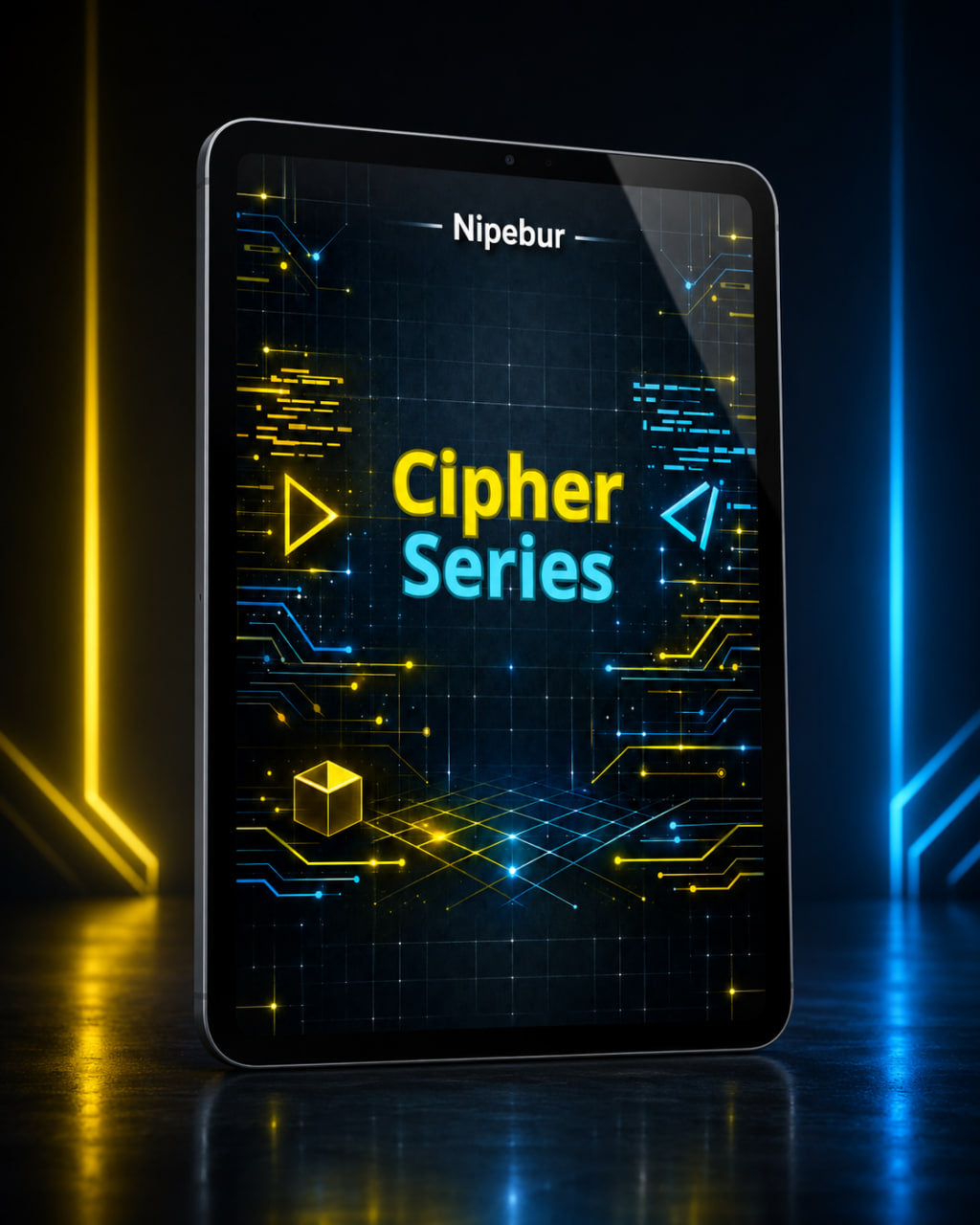Tablet displaying 'Nipebur Cipher Series' on a dark background with neon lights.