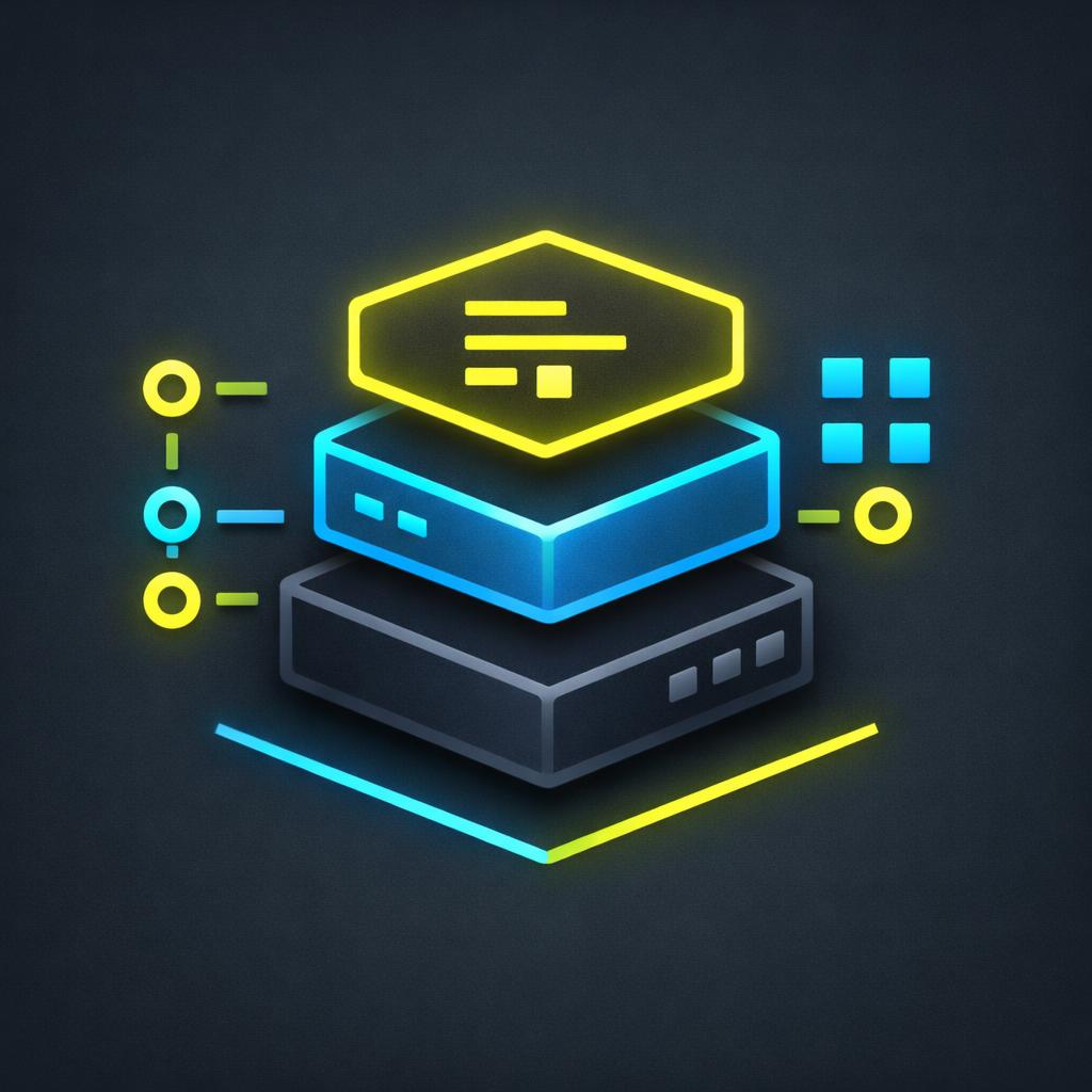 Neon glowing network or server icon on a dark background