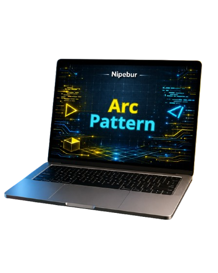 Laptop with 'Nipebur' branding and 'Arc Pattern' text on a white background