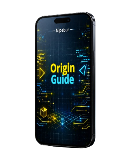Smartphone displaying 'Origin Guide' on a digital background with 'Nipebur' branding.