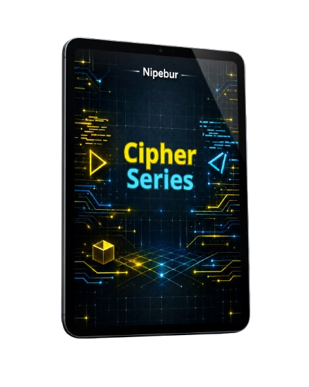 Tablet displaying 'Nipebur Cipher Series' with digital circuit design on a white background